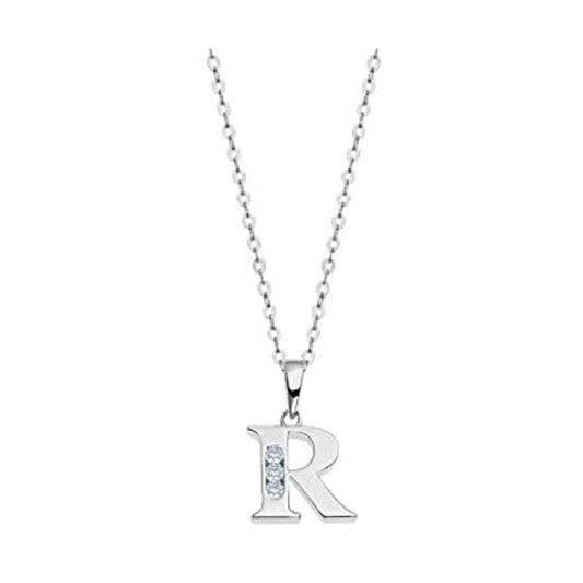 LOTUS JEWELS JEWELRY Mod. LP3054-1/R silver necklace with letter R pendant, featuring elegant design and sparkling details.
