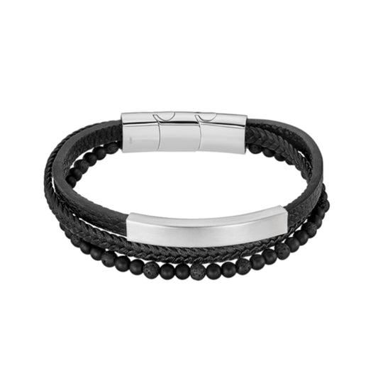 LOTUS JEWELS JEWELRY Mod. LS2406-2/1 black and silver bracelet with beads and braided leather design
