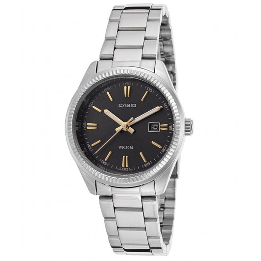 CASIO COLLECTION Mod. LADY DATE - BLACK. GOLD INDEXES wristwatch with metal case and strap, water resistant 5 ATM, quartz movement.