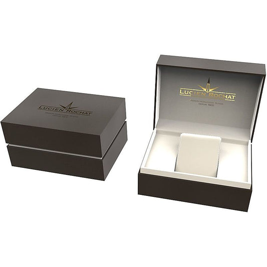 LUCIEN ROCHAT MOD. R0453116002 watch packaging box opened and closed view in dark finish.