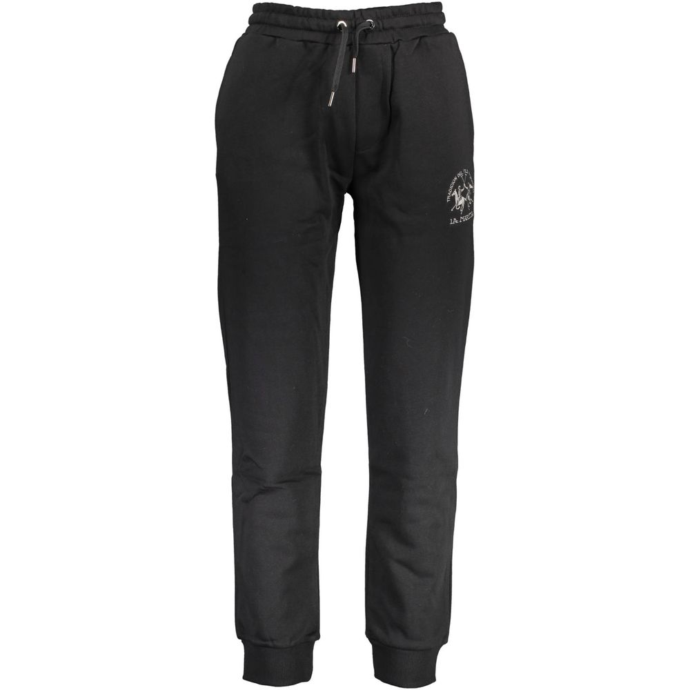 La Martina Black Cotton Pant with elastic waist, ankle, pockets, back pocket, logo embroidery, sports trousers.