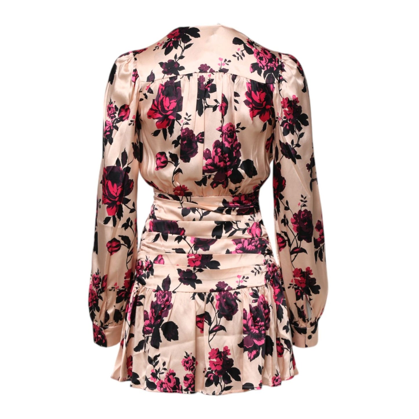 Laneus Pink Floral Silk Long Sleeves V-neck Wrap Mini Dress