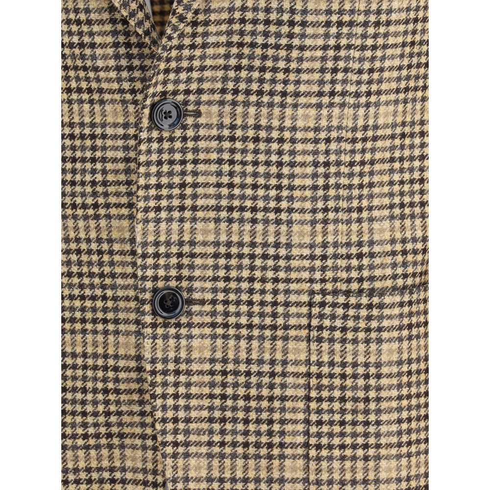 Lardini Beige Wool Clothing with elegant houndstooth pattern, close-up on buttoned front and lapel.