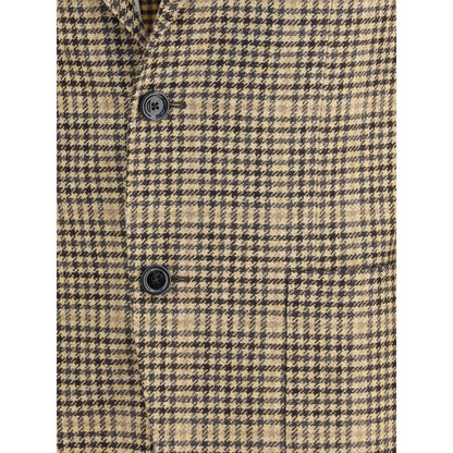 Lardini Beige Wool Clothing with elegant houndstooth pattern, close-up on buttoned front and lapel.