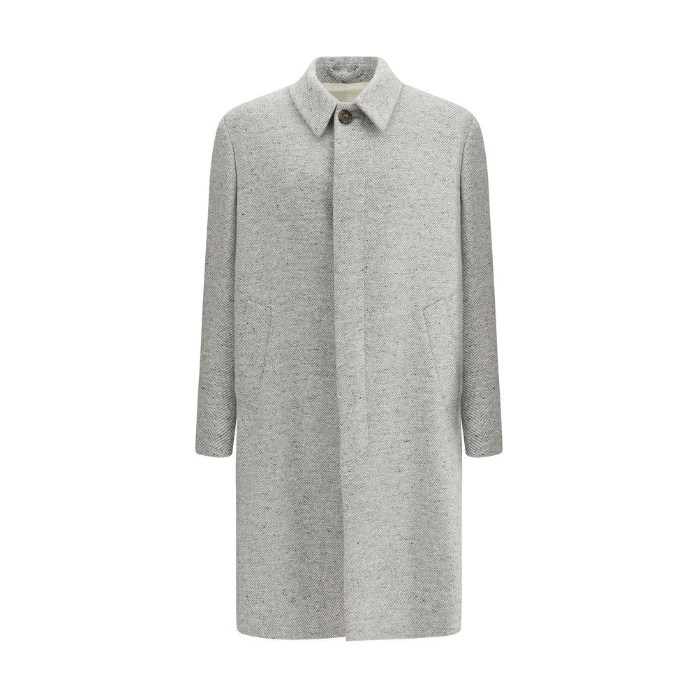 Lardini Gray Fleece Wool Coat with herringbone pattern, classic collar, and front button closure for elegant winter style.