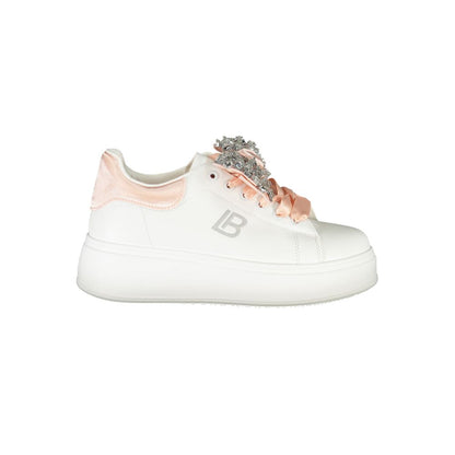 Laura Biagiotti White Synthetic Women Sneaker with rhinestones and 4cm wedge, side view.