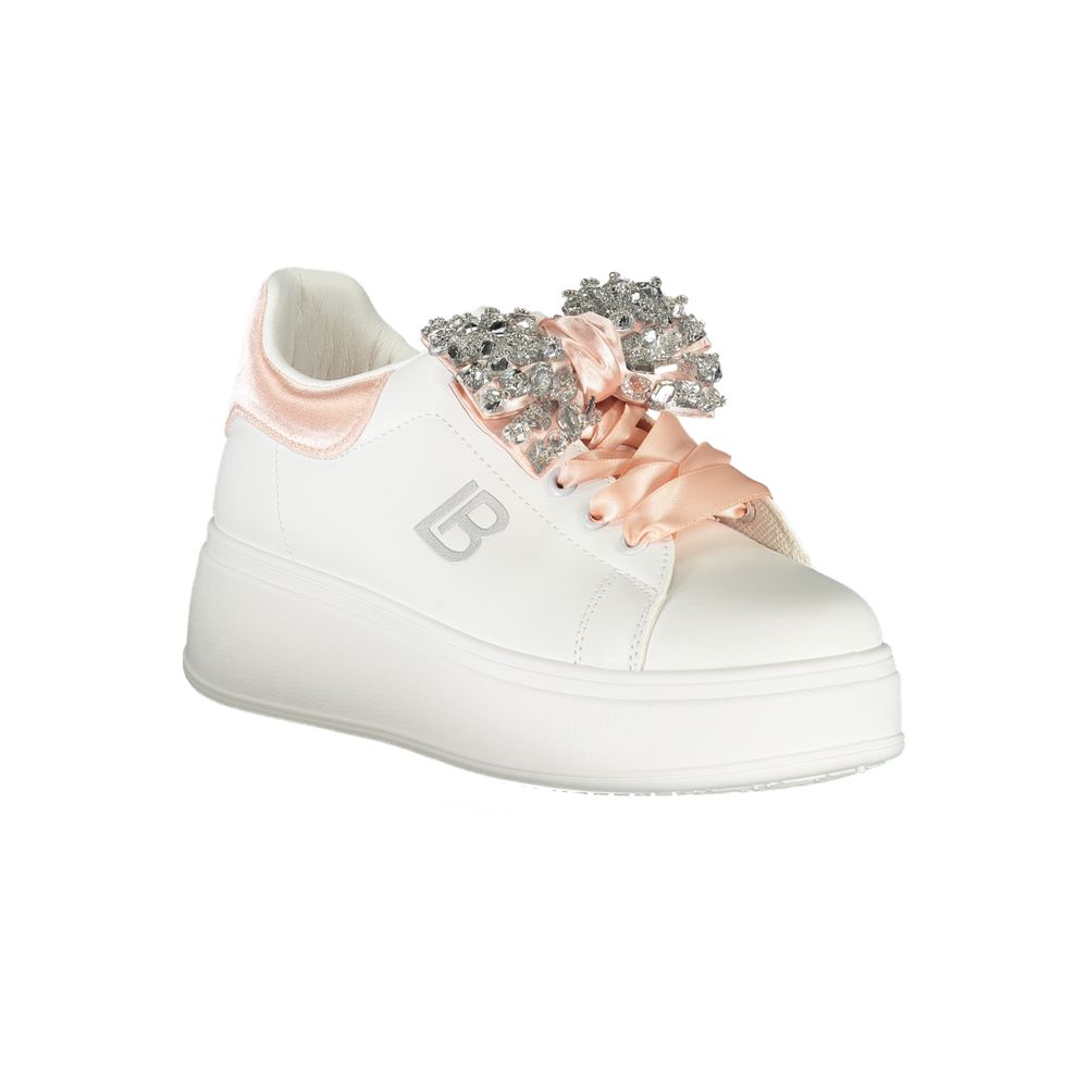 Laura Biagiotti White Synthetic Women Sneaker with rhinestones and 4cm wedge for style and comfort.