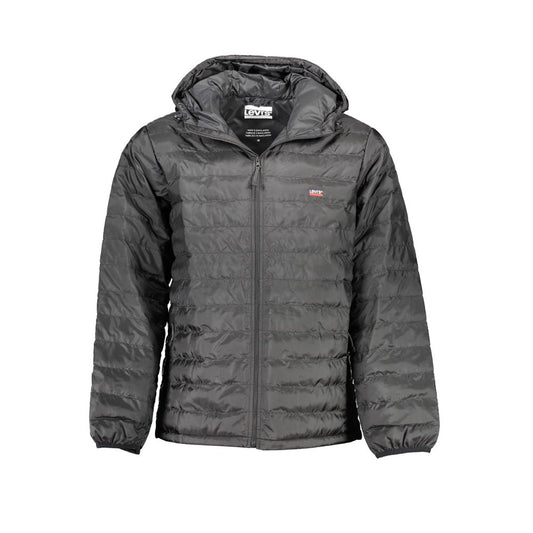 Levi's Black Polyester Men's Jacket with hood and signature embroidery, featuring four pockets for urban style and functionality.