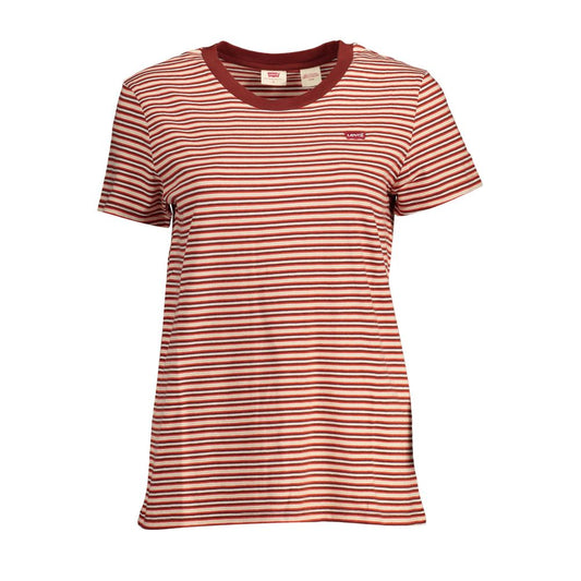 Levi's Red Cotton Women T-Shirt with stripes and logo, classic style, short sleeve, round neck, perfect for casual outfits.