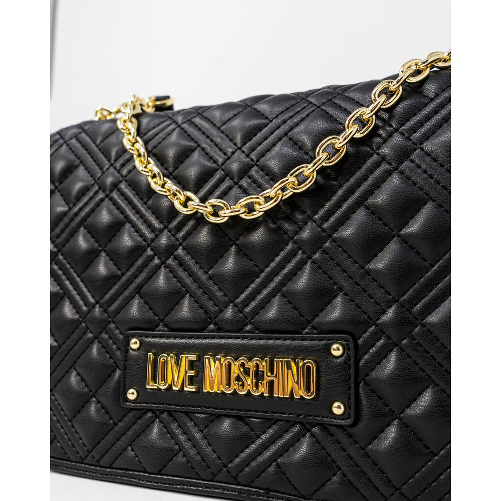 Love Moschino Black Polyethylene Handbag with quilted design and golden chain, showcasing elegant craftsmanship and versatility.