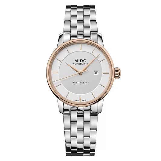 Elegant men's watch, MIDO MOD. BARONCELLI with silver and rose gold design, distinctive dial, and sleek metal bracelet.