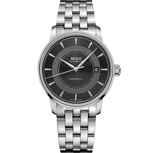 Luxury MIDO MOD. BARONCELLI wristwatch with stainless steel bracelet and sapphire dial, 39mm case, Swiss-made, water resistant to 5 ATM.