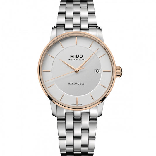 MIDO MOD. BARONCELLI wristwatch, 39mm SS IP Gold case, gent's mechanical automatic movement, sapphire dial, Swiss made, official packaging.