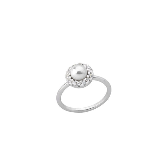 Elegant MAJORICA JEWELRY Mod. 15256.01.2.913.010.1 ring featuring a lustrous pearl and sparkling accents on a silver band.