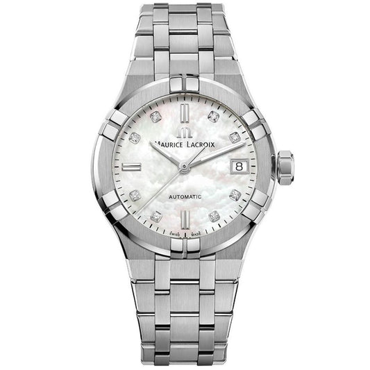 Silver MAURICE LACROIX MOD. AI6006-SS002-170-1 watch with automatic movement and diamond markers.