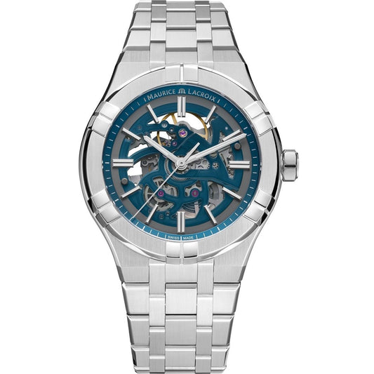 MAURICE LACROIX MOD. AI6008-SS002-031-1 luxury wristwatch with silver bracelet and intricate blue dial design.