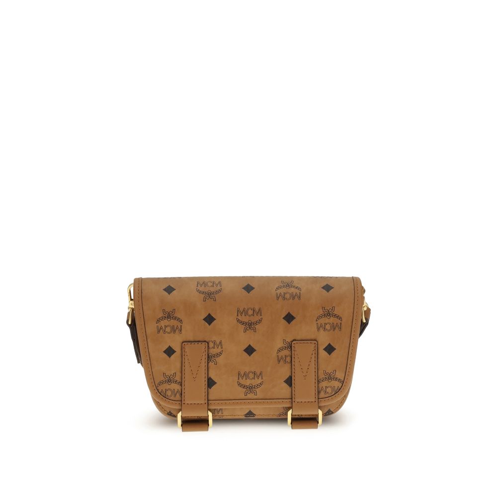 MCM Brown Fabric Shoulder Bag with logo print and structured front, showcasing craftsmanship and elegant design for sophisticated style.