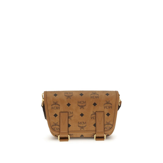 MCM Brown Fabric Shoulder Bag with logo print, showcasing elegant, rounded rectangular design and gold hardware accents.