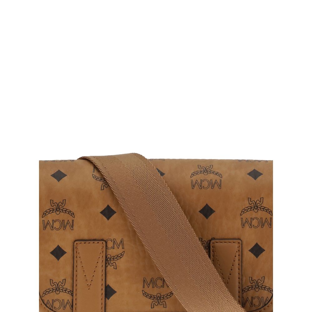 Top view of MCM Brown Fabric Shoulder Bag featuring signature MCM logo and print.