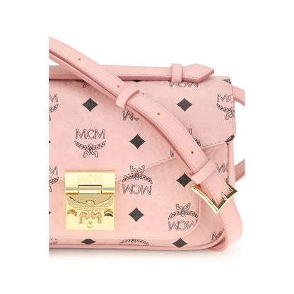 MCM Multicolor Polyethylene Handbag with gold metal snap closure and engraved logo, featuring premium coated leather and canvas.