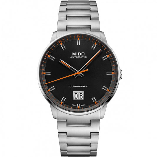 MIDO MOD. COMMANDER BIG DATE wristwatch with stainless steel bracelet and 42mm case, featuring automatic movement and sapphire dial.