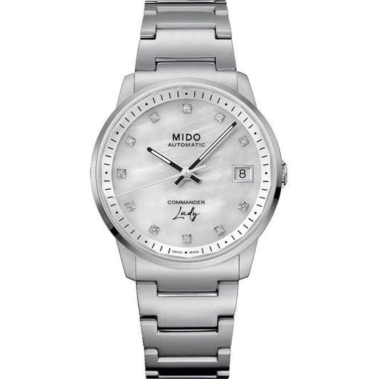 MIDO MOD. COMMANDER LADY luxury watch with silver bracelet and diamond accents, showcasing elegance and precision.
