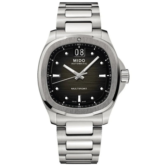MIDO MOD. M049-526-11-081-00 stainless steel watch with black dial and silver bracelet