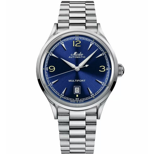MIDO MOD. MULTIFORT POWERWIND watch featuring a blue dial and stainless steel bracelet