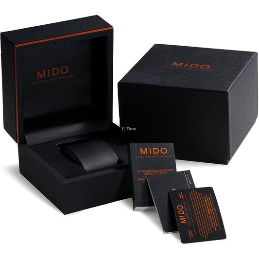 Packaging for MIDO MOD. OCEAN STAR 200C watch with logo and warranty cards displayed.