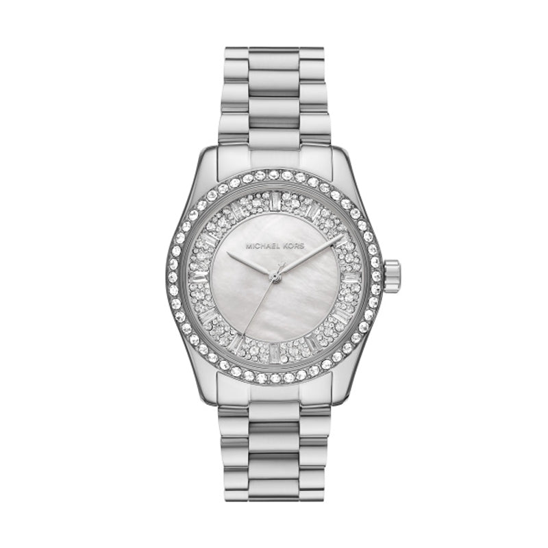 MICHAEL KORS Mod. LEXINGTON lady's wristwatch with stainless steel case and bracelet, mother of pearl dial, and official packaging