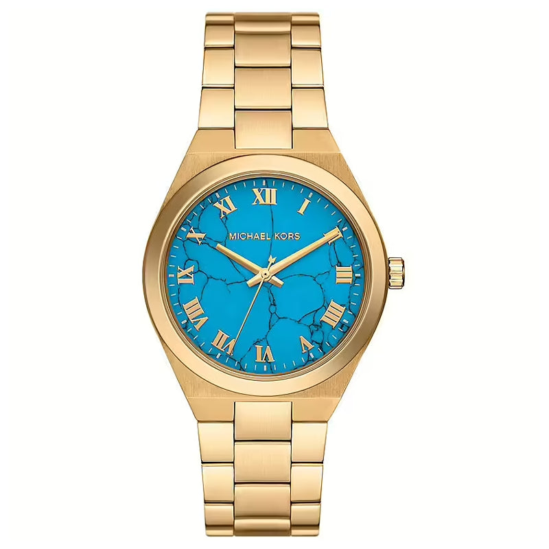 MICHAEL KORS Mod. LENNOX ladies gold-tone wristwatch with blue dial, 39mm case, water resistant 5 ATM, quartz movement, official packaging.