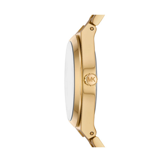 Side view of MICHAEL KORS Mod. LENNOX wristwatch with gold stainless steel case and strap, showcasing minimalist design and quartz movement.