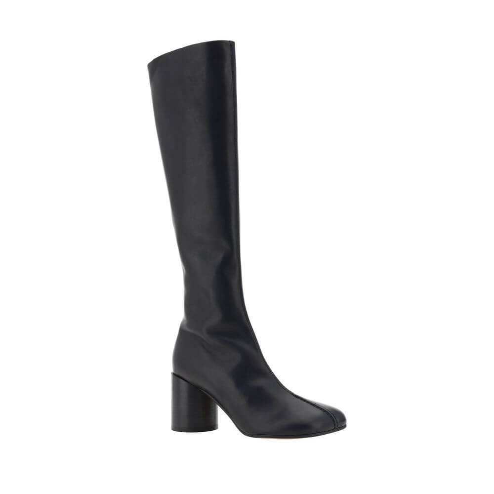 MM6 Black Calf Leather Bos Taurus Boots with iconic Tabi toe, knee-high style, and cylindrical heel, featuring a side zip closure.