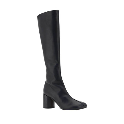 MM6 Black Calf Leather Bos Taurus Boots with iconic Tabi toe, knee-high style, and cylindrical heel, featuring a side zip closure.