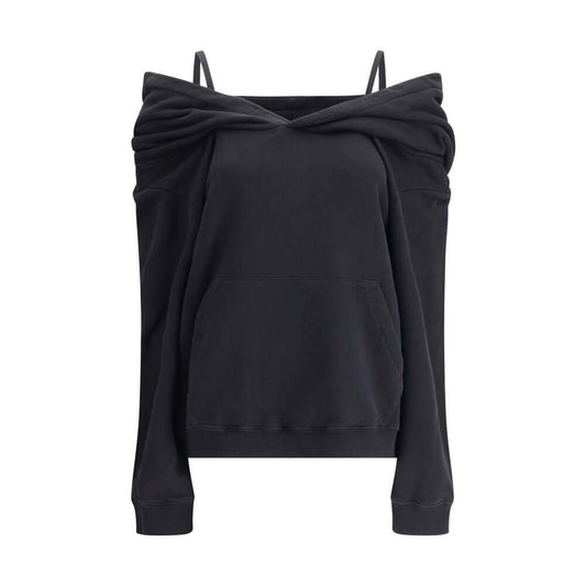 MM6 Black Cotton Sweatshirt with dropped shoulders, raw-cut hem, front logo, and white stitching, made from soft cotton jersey.