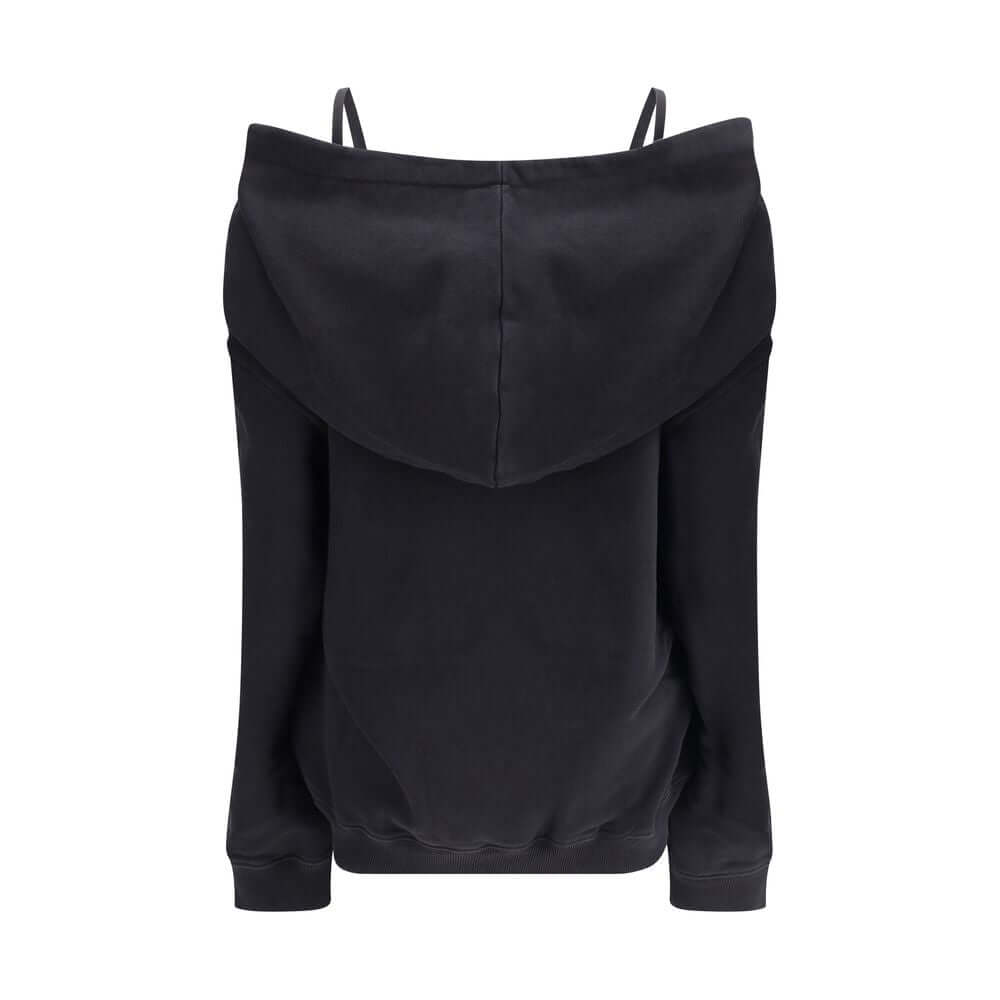 MM6 Black Cotton Sweatshirt with raw-cut hem and distinctive white stitching on back, minimalist design, 100% cotton