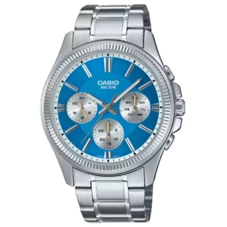 CASIO COLLECTION Mod. MULTIFUNCTION CALENDAR - LIGHT BLUE wristwatch with stainless steel strap and multifunctional dial.