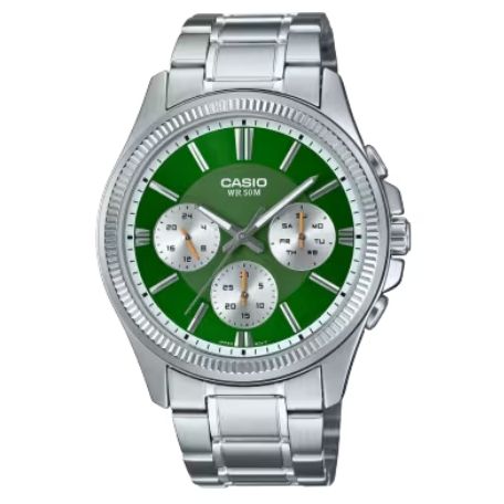 Alt Tag: CASIO Mod. DAY DATE MULTIFUNCTION - GREEN wristwatch with stainless steel strap and green dial, quartz movement, and day-date function.