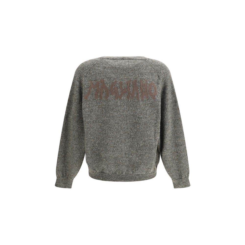 Back view of Magliano Gray Wool Cardigan featuring logo, made from 100% Shetland wool with ribbed cuffs, hem, V-neck, and patch pockets.