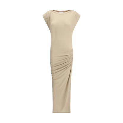 Marant Etoile Beige Modal Casual Dress with draped design, cap sleeves, and midi length for a feminine, modern look.