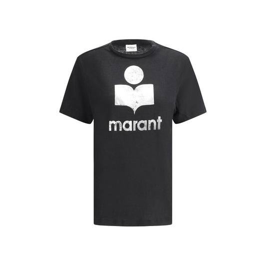 Marant Etoile Black Linen T-Shirt with iconic monogram on front, featuring ribbed crew neck, ideal for warm days.