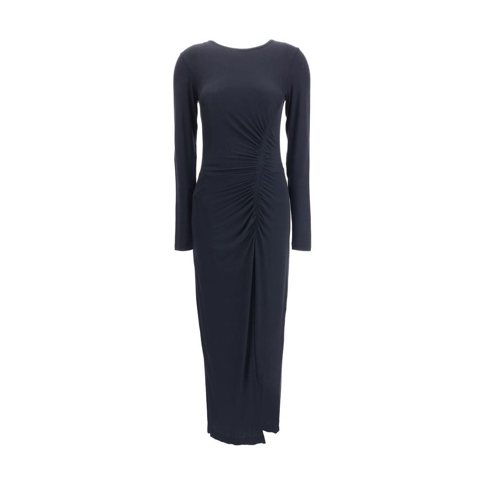 Marant Etoile Black Modal Casual Dress with elegant draping, round neckline, long sleeves, and front slit for femininity.