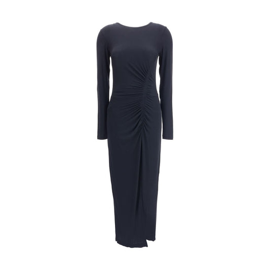 Marant Etoile Black Modal Casual Dress with elegant draping, round neckline, long sleeves, and front slit for femininity.