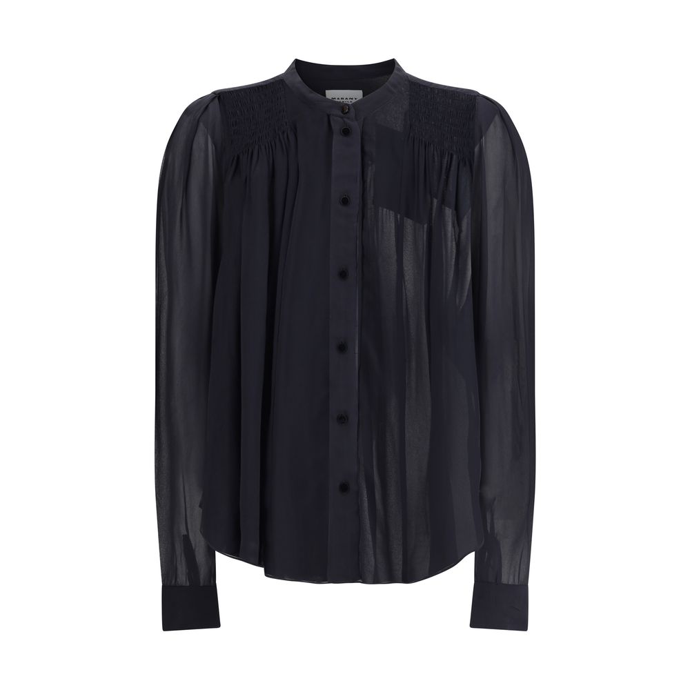 Marant Etoile Noeline Shirt with elasticated ruffles, button closure, and a semi-transparent design for a romantic and contemporary look