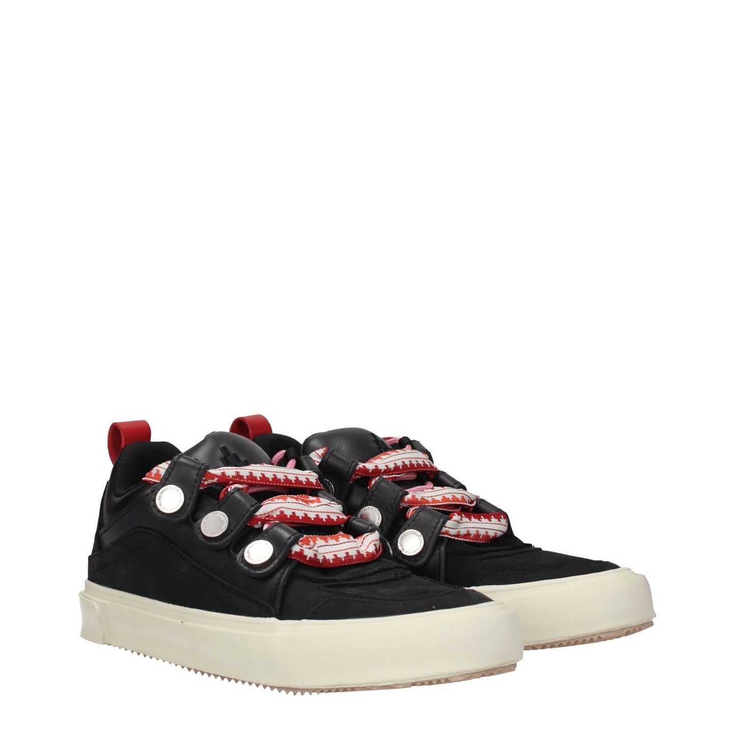 Marcelo Burlon Black Leather Low Top Sneakers with red accents, featuring aged effect, front logo, round toe, and lace-up closure.