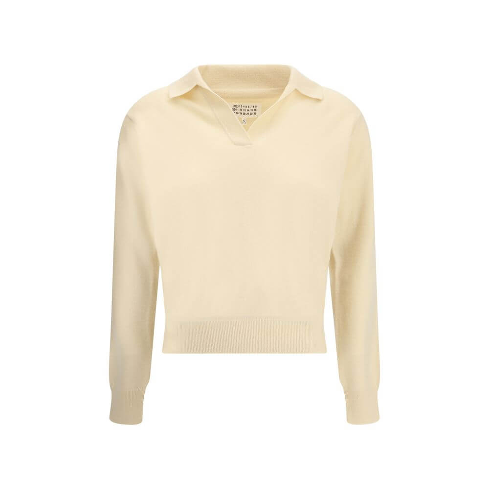 Margiela Cream Fleece Wool Sweater with classic collar and ribbed hem, crafted from 100% virgin wool for elegant and comfortable fit.