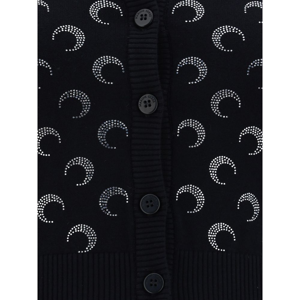 Marine Serre Black Viscose Cardigan featuring ribbed crew neck, button closure, all-over logo, slim fit design.