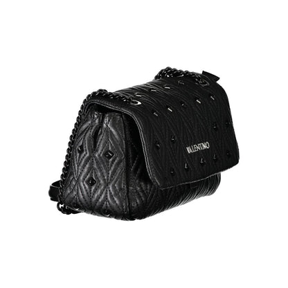 Mario Valentino Black Polyester Handbag with chain shoulder strap, logo, contrasting details, and zip closure.