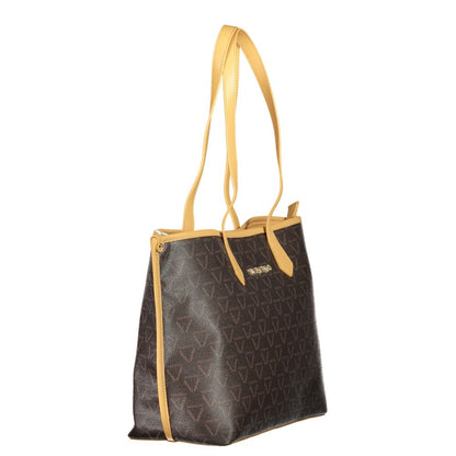 Mario Valentino Brown Polyethylene Handbag with adjustable strap, zipper closure, and logo design.