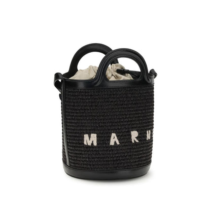 Marni Black Cotton Backet Bag with leather trim and round top handles, showcasing tropical raffia design, versatile adjustable strap.